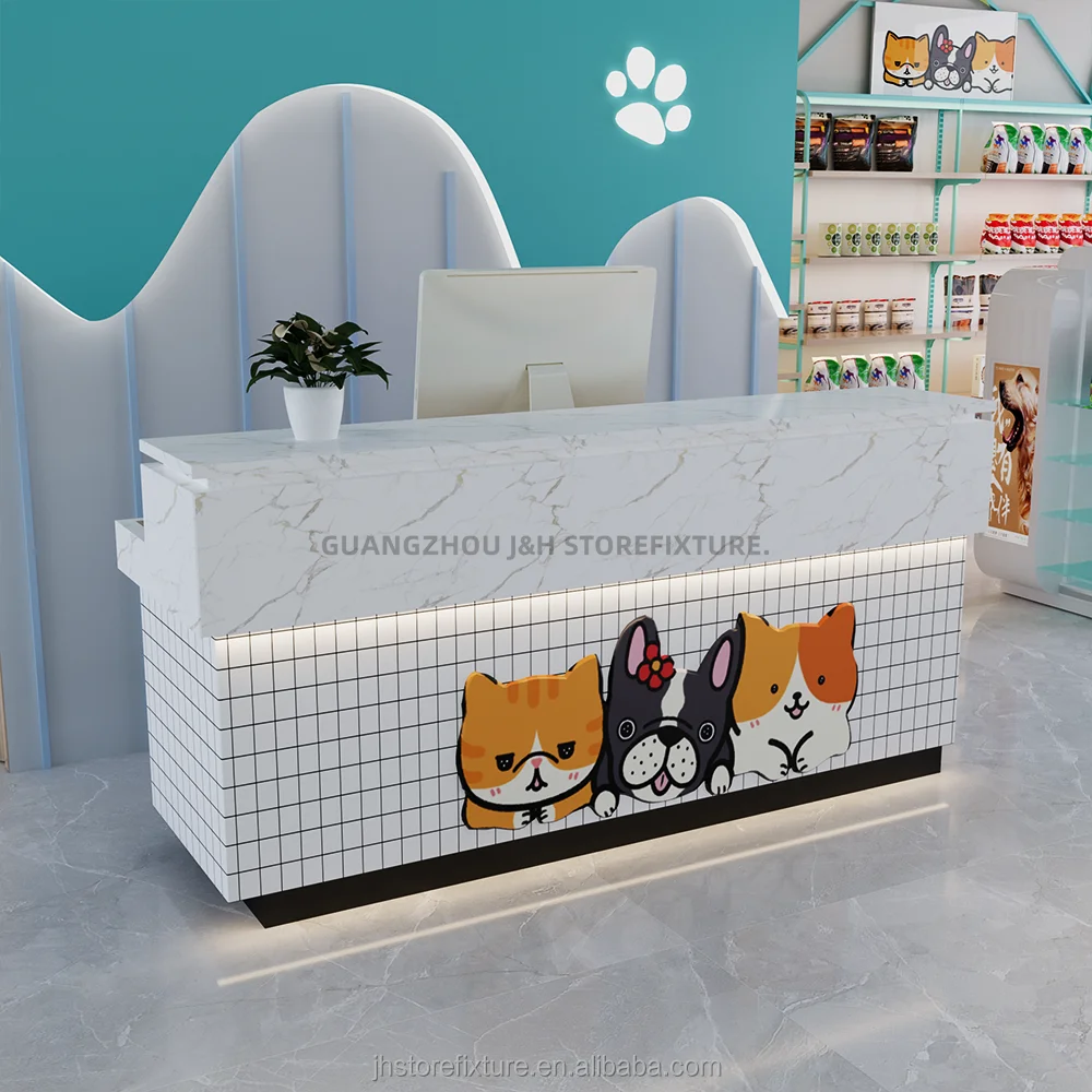 High quality retail supermarket white mdf cashier table with led light custom logo size checkout counter