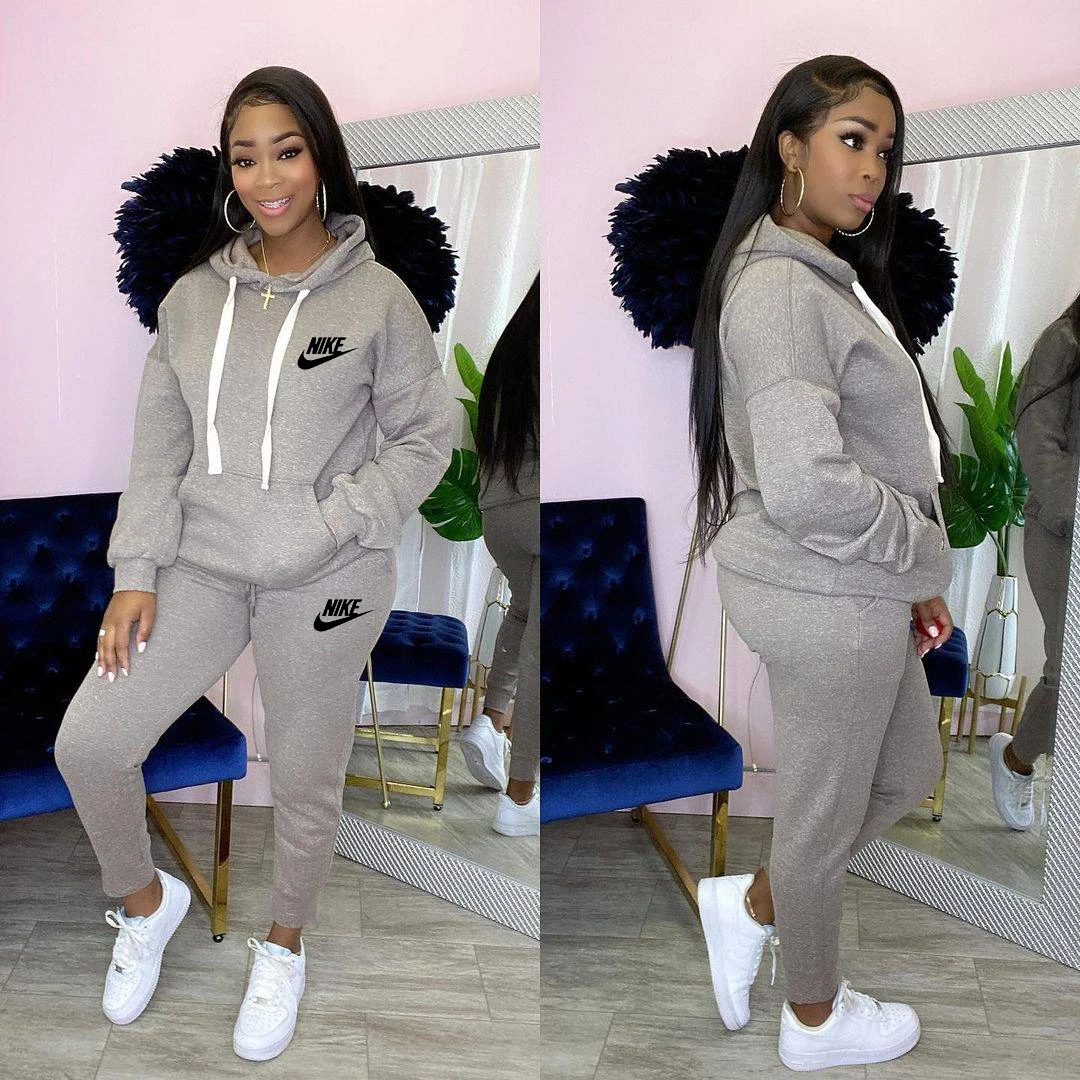 New Upgrade Nike High Quality Fall Pullover Solid Color Sweatsuit Women Joggers Sport Long Sleeve 2 Piece Hooded