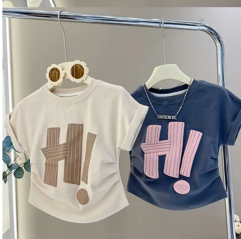 Ms-403 New Fashion 2024 Girls Tops and T Shirt Summer Printed Children Kids Graphic T Shirts Short Sleeve Round Neck