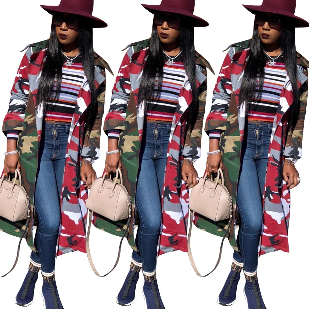 Wholesale Ladies Outdoor Wear Turn Down Collar Belt Camo Patchwork Trench Coat Women Long Windbreaker Jacket