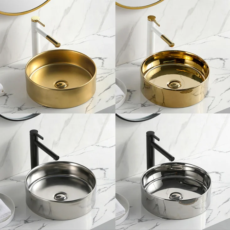 Круглая круглая раковина Chaozhou для ванной комнаты с отверстием для крана Роскошная позолоченная Гальваническая раковина