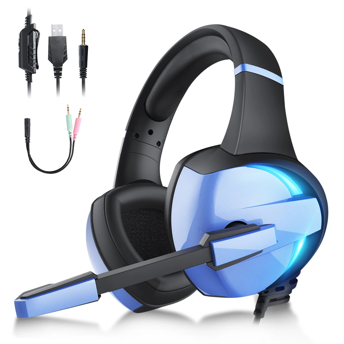 RGB Light Gaming Headset with 50MM Driver Soft Memory Earmuffs Noise Canceling Mic Surround Stereo Gaming Headphones