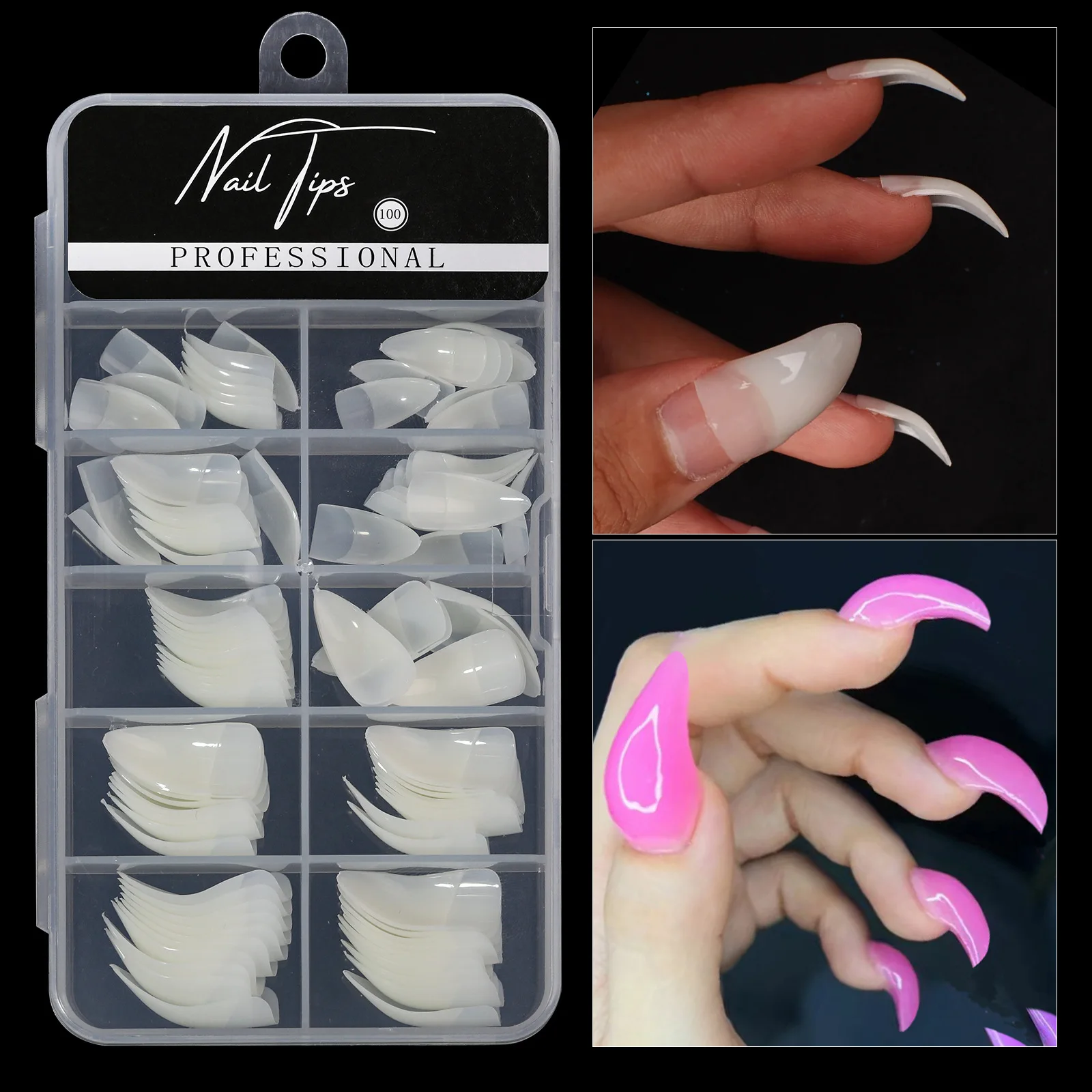 High Quality 100 Pcs /Box 10 Sizes Transparent Special Shape Eagle Claw Artificial Nail Tips For Nail Salon