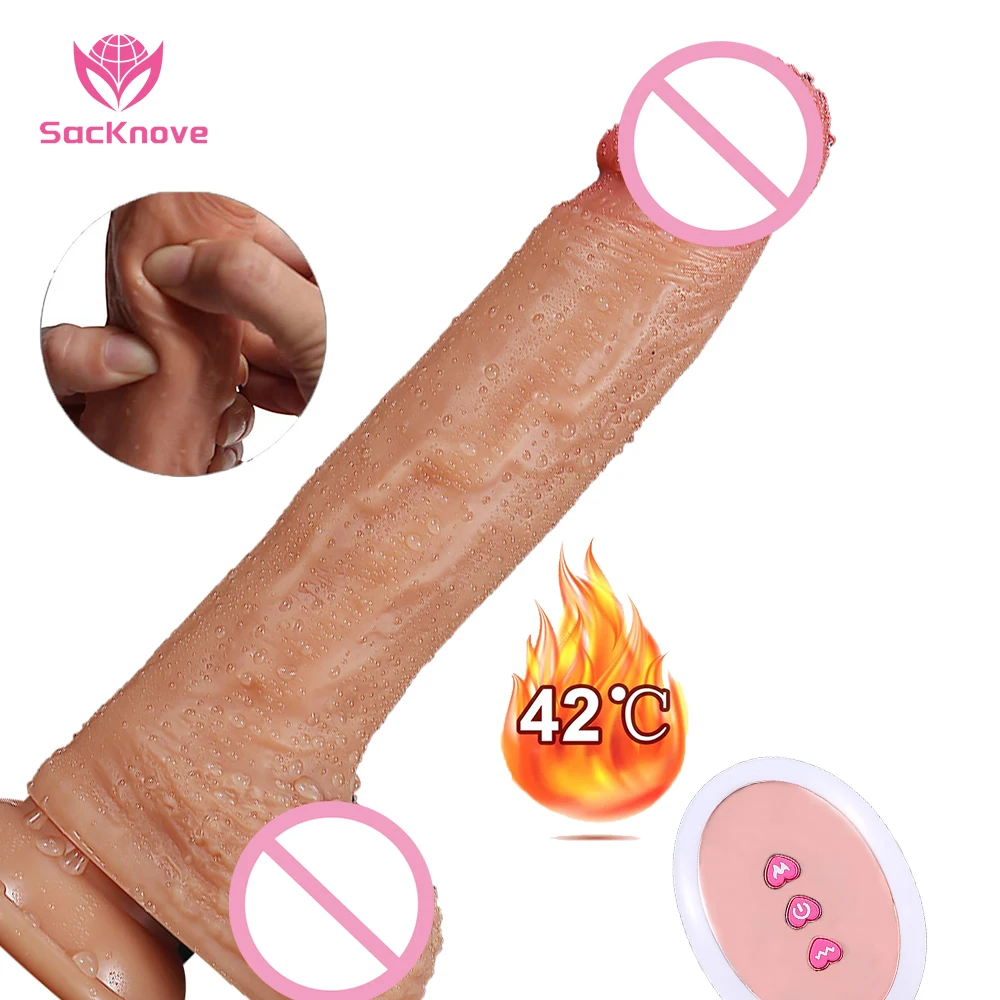 SacKnove Adult Female Wireless Big Silicone Heated Telescopic Thrusting Realistic Penis Bulk Sex Toys Dildo Vibrator for Woman