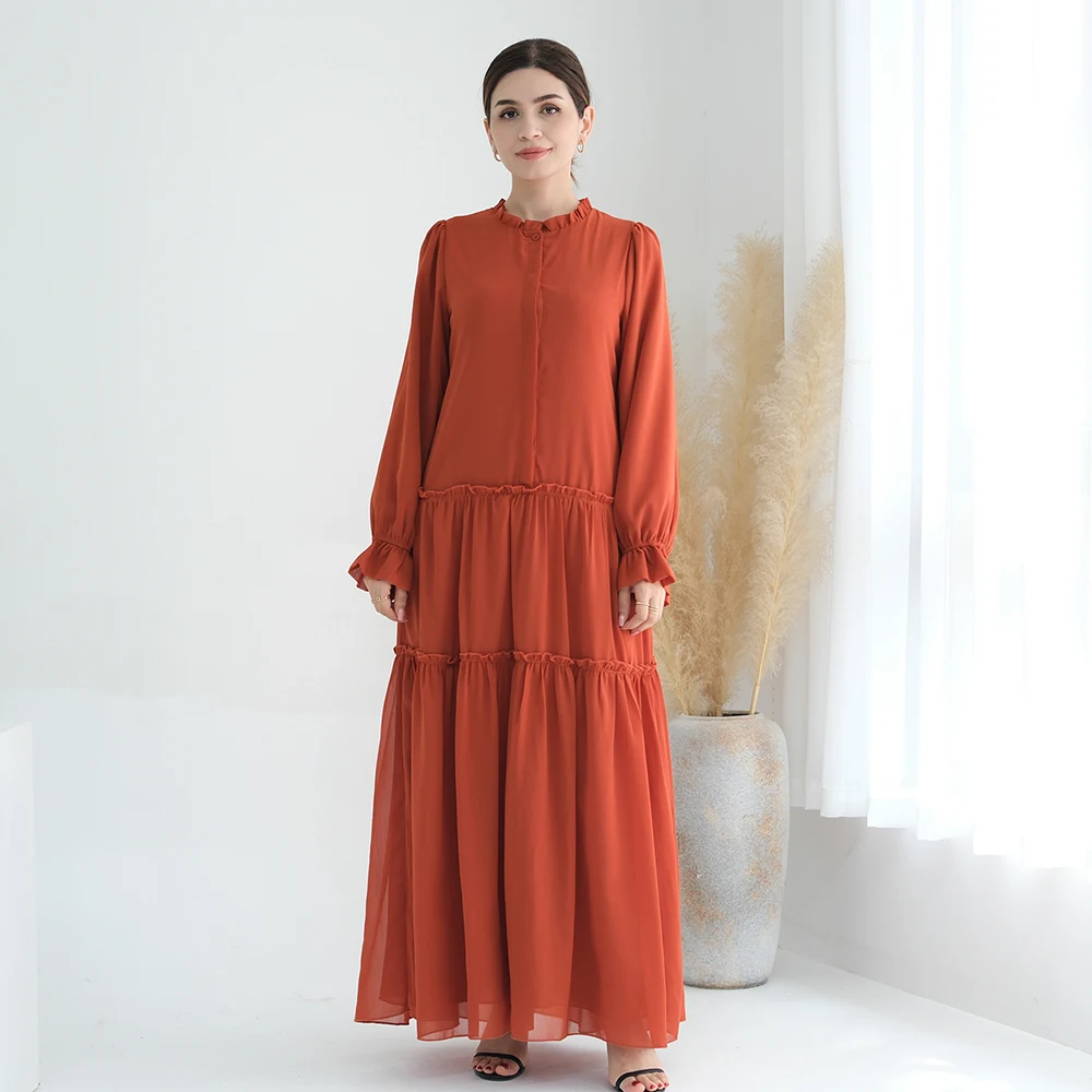 Traditional Muslim Clothing Long Sleeve Solid Color Muslim Maxi Dresses Chiffon Modest Layered Muslim Dress for women