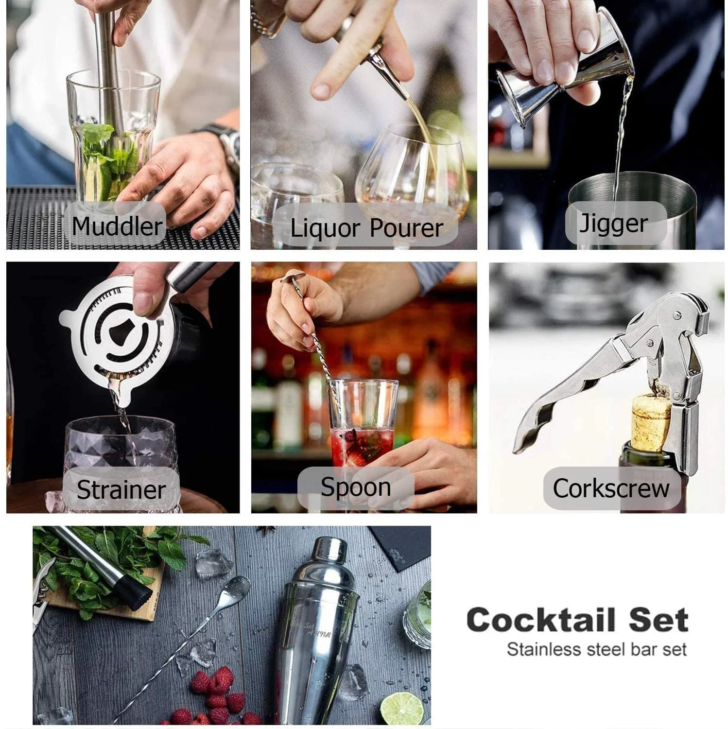 Camol Factory Bar Tools Shaker Bar Tools Set Factory Direct 15 Pieces Steel with Bamboo Wood Stand Bartender Cocktail Shaker