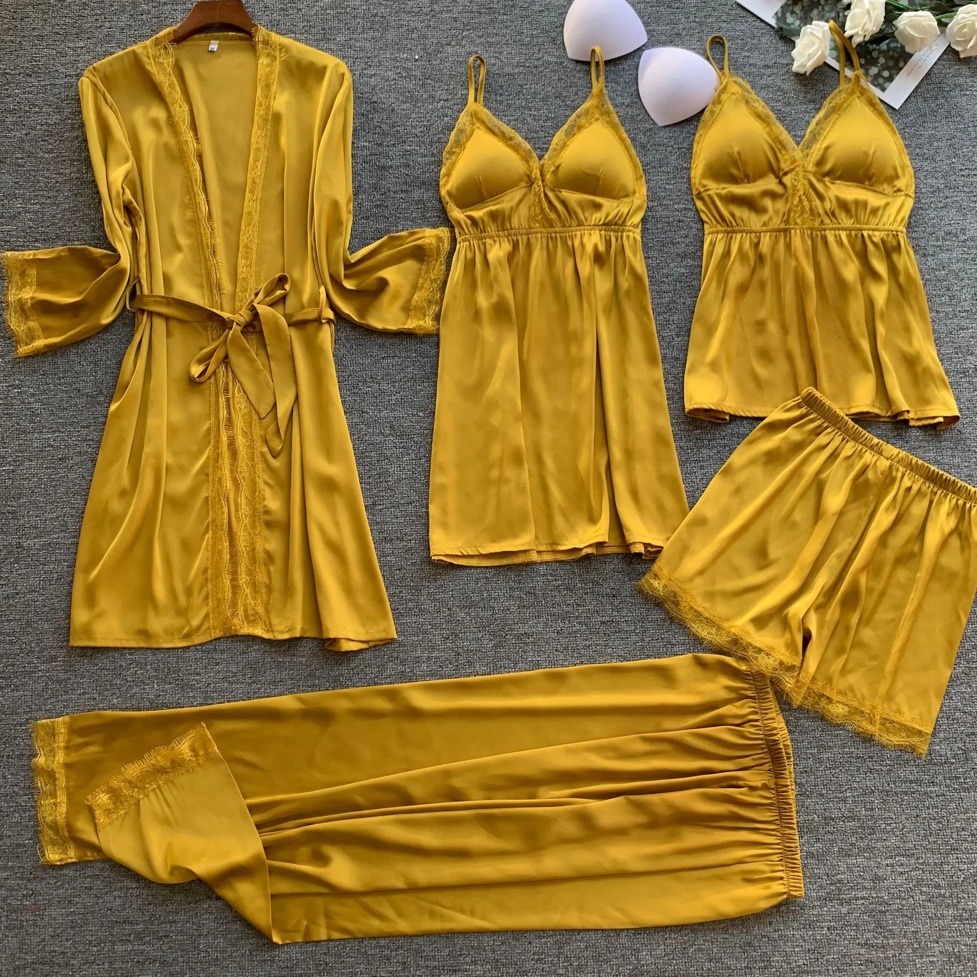 NEW ARRIVAL wholesale 5 piece Satin Robe sets sexy lace babydoll for women summer lingerie Silky cami pajama set