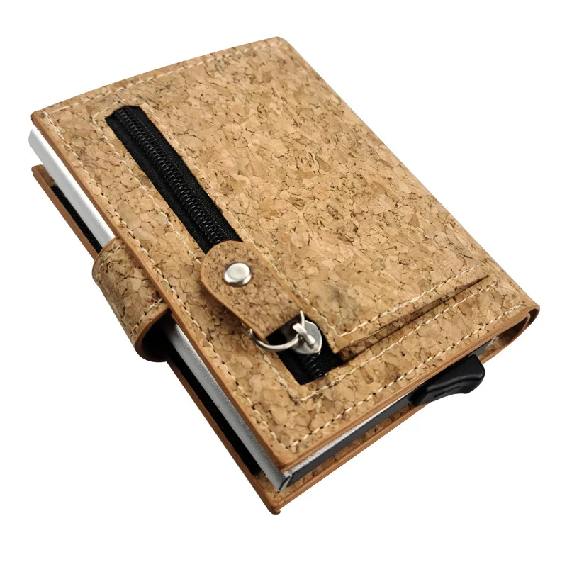 Cork grain Credit Card Wallet Zipper Card Cases Holder for Men Women RFID Blocking
