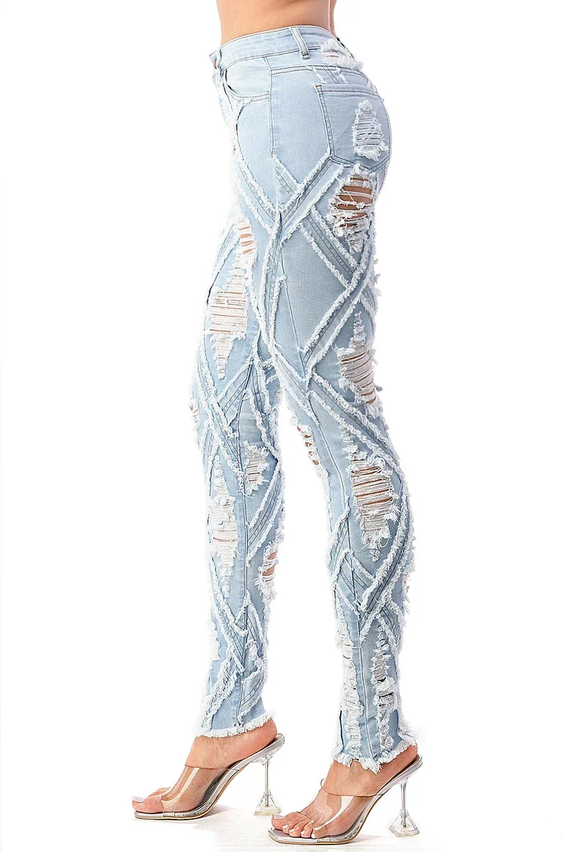 Women Clothing Manufacturer Custom Made High Waist Distressed Denim Tights Slim Fit Trousers Skinny Ripped Jeans for Women