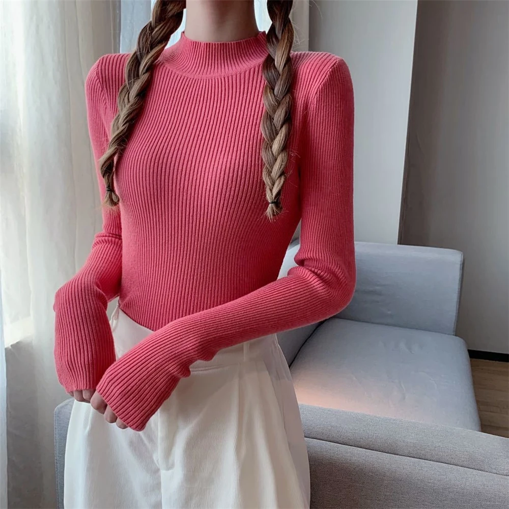 ANSZKTN ANSZKTN Women Girls Knitwear Stand Collar Pullover Blouse Long Sleeve Solid Color Knit Slim Casual Sweater
