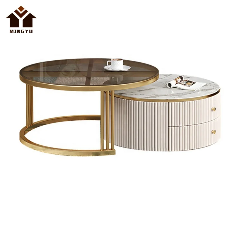 French Style Glass Coffee Table with Gold Frame Modern Innovative Home Goods Metal Frame Leisure Facilities with 2 Drawers