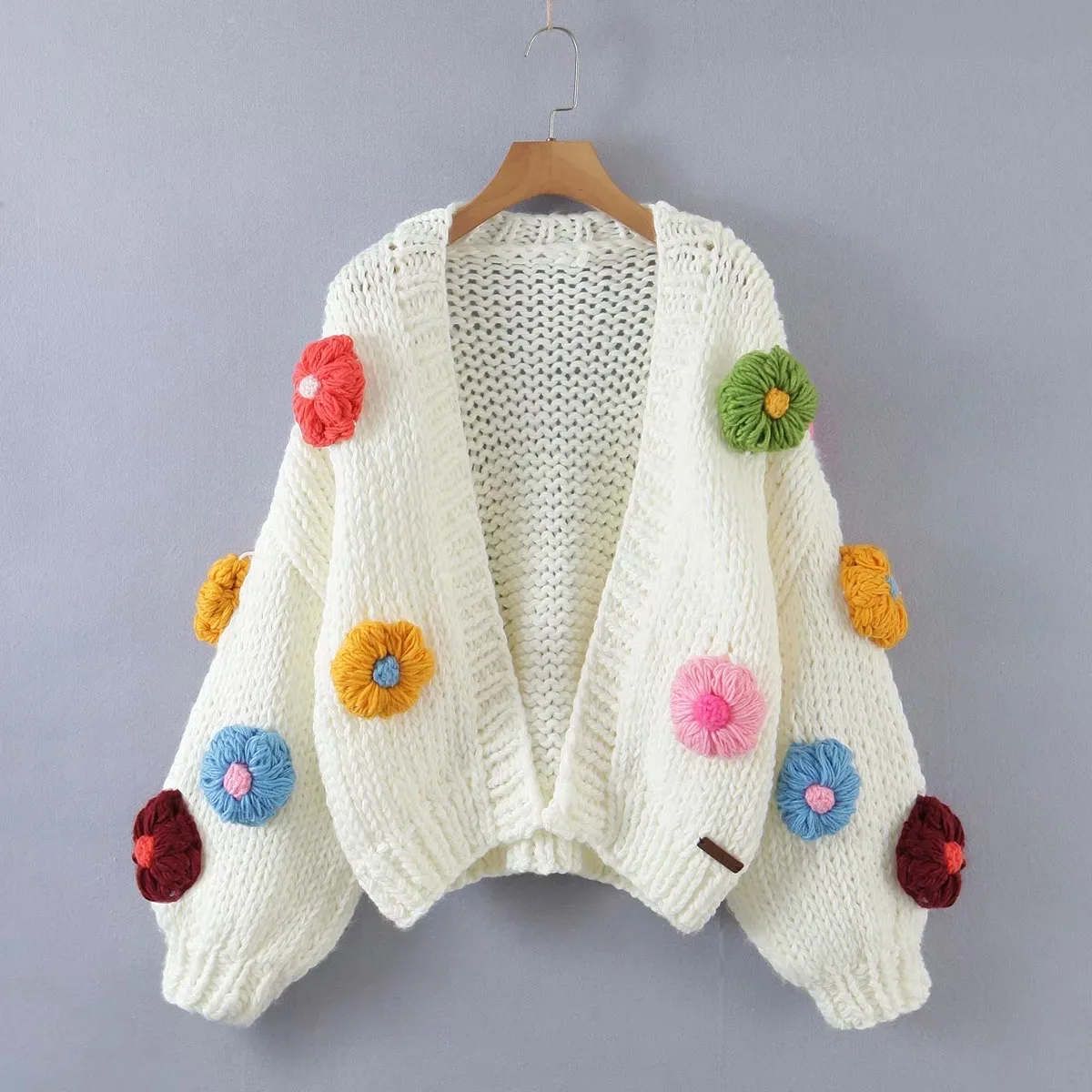 Hand Knit Oversized 3d Cloud Embroidery Casual Cardigan Acrylic Cotton Made Long Sleeve Floral Handmade Women Sweater Winter