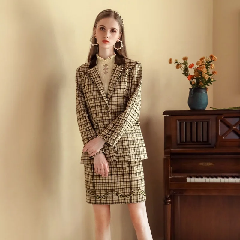 Classic Coffee Color Plaid Suit Jackets Ladies Suits Set Woman 2 Piece Skirt Sets Retro Office Suits