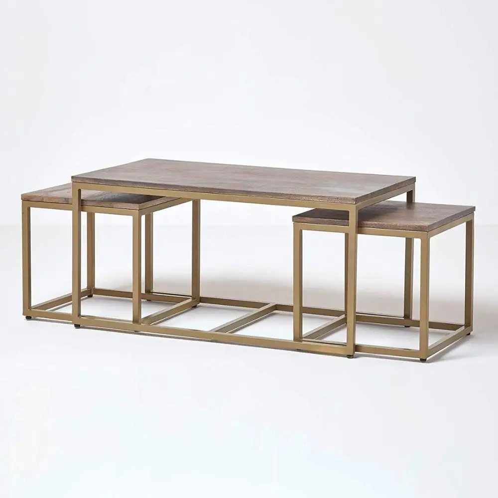 Coffee Table with 2 Nesting Tables 90 cm Wide Grey Finish Mango Wood and Metal Urban Nesting Tables Multi-Functional Modern
