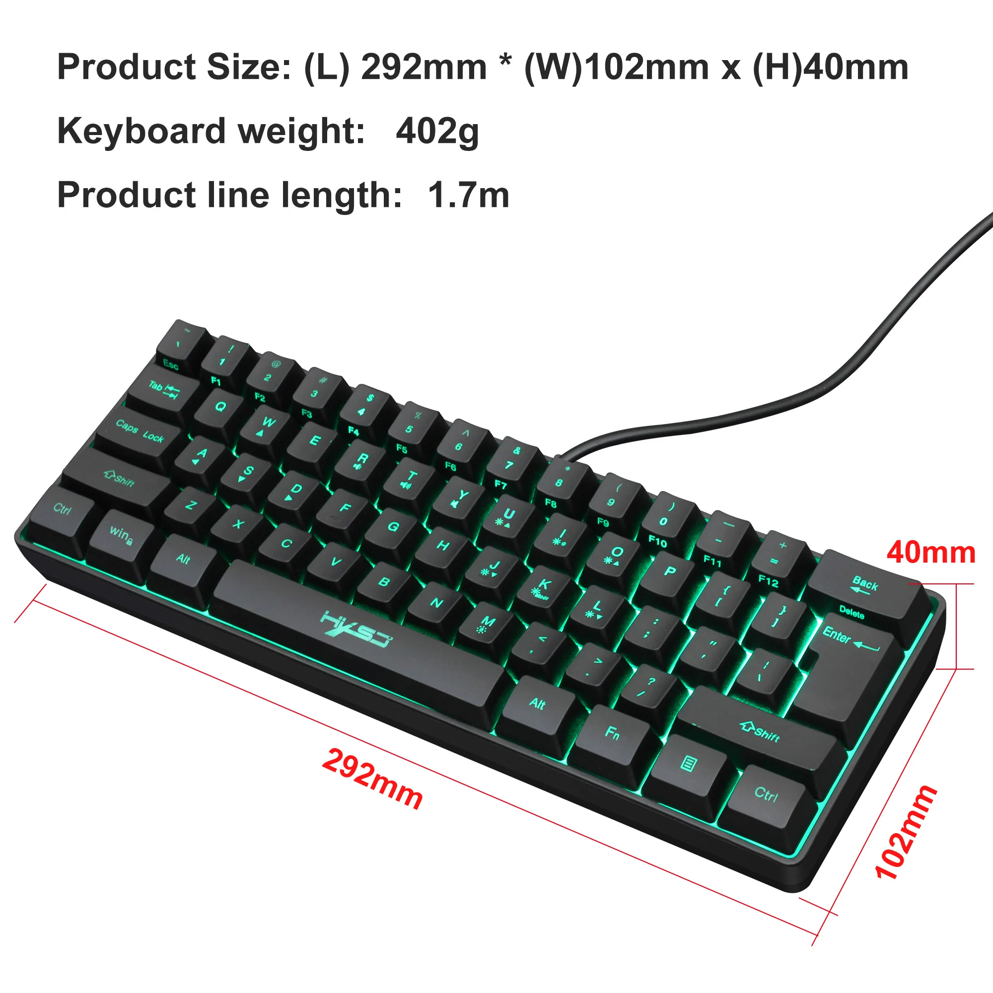 HXSJ 2021 Новый USB Проводная игровая мини клавиатура мембранная RGB подсветкой 61-клавишная ноутбука АБС офисные туфли черного