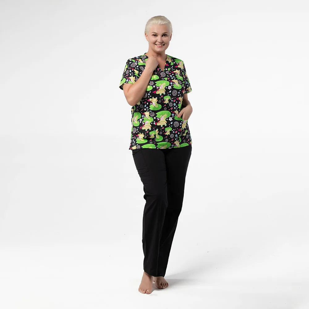 
2021 new style V neck Customized Scrub Organic Cotton Woven Fabric Female Nursing Uniform Printed Scrub Top cheap 