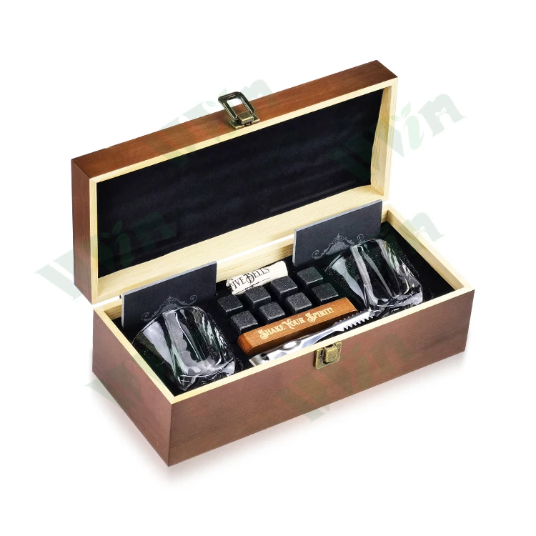 Wholesale High Quality Twisted Whiskey Glass Set With Whiskey Stones And Slate Coaster Gift Wooden Box