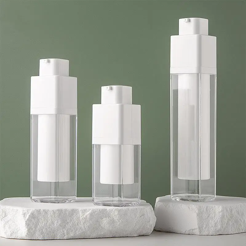 15ML Spray Travel Bottle 30ML 50ML Square Refillable Dispenser Transparent Airless Pump Vacuum Emulsion Container