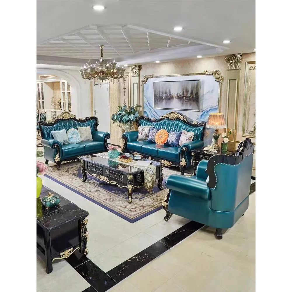 European Style Luxury Black Sandalwood Wooden Sofa Set High-End Furniture Solid Wood Frame PU Bed Office Villa Living Room
