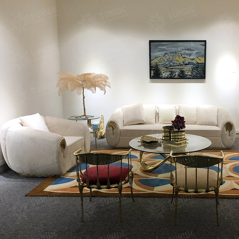 Modern Furniture Unique design Metal velvet Tufted Sectional fabric sofa Italian style  couch luxury furniture 4 seat sofa set