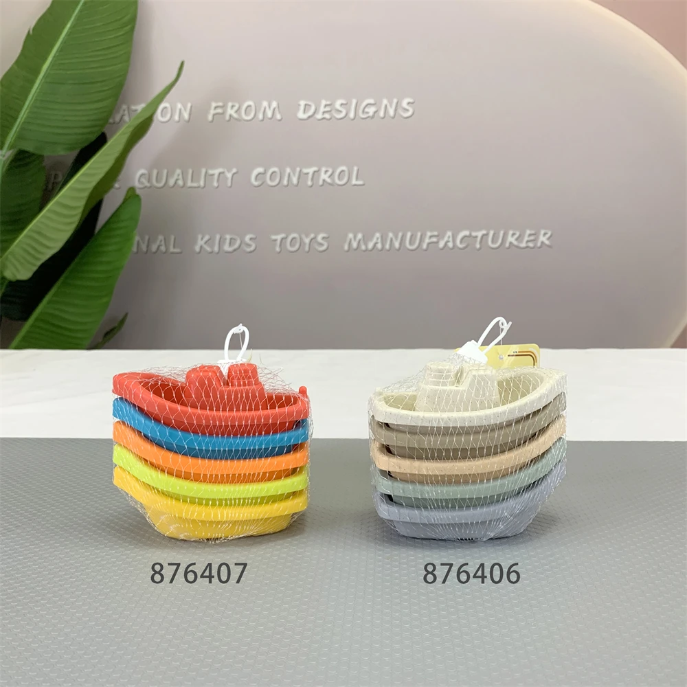 Custom Hot Selling Bathroom Cartoon Baby Stacking Ship Set 5 Piece Eco Friendly Wheat Straw Recyclable Plastic Boat Bath Toy
