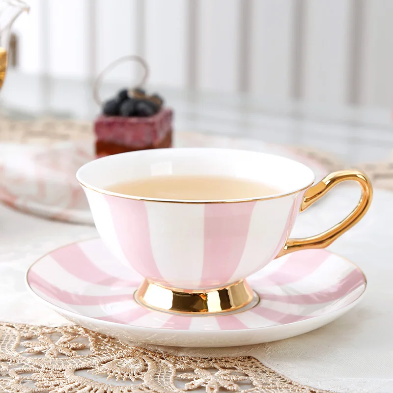 Modern Luxury Coffee Cup Pink Stripe Ceramic Tea Cup And Saucer