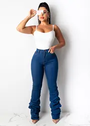 2020 Casual Fashion Lady Long  Length Pencil Denim Pants High-Waisted  Women Stacked Jeans