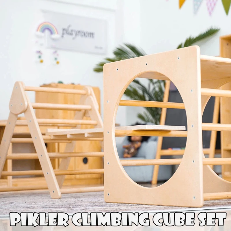 Natural Wood Montessori Ladder Climber Cube with Ramp Piklers Triangle Climbing Frame Indoor Playground