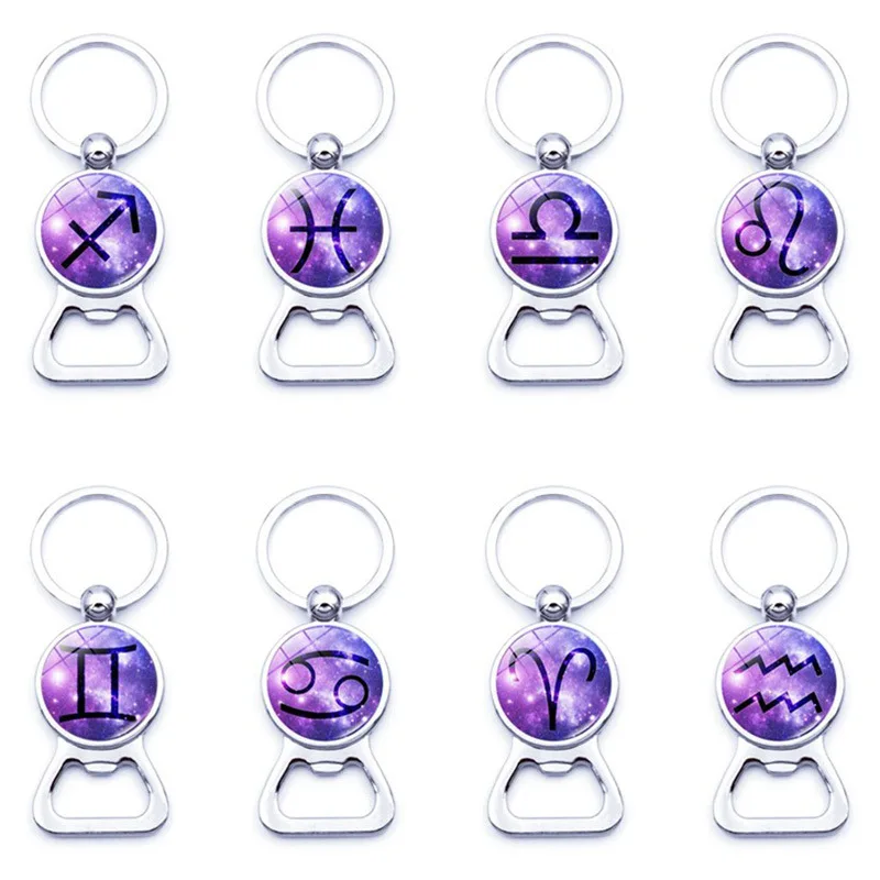 12 zodaic sign Pendant Keychain star sign horoscopes Time gem Glass Cabochon key ring Creative beer bottle opener keychains