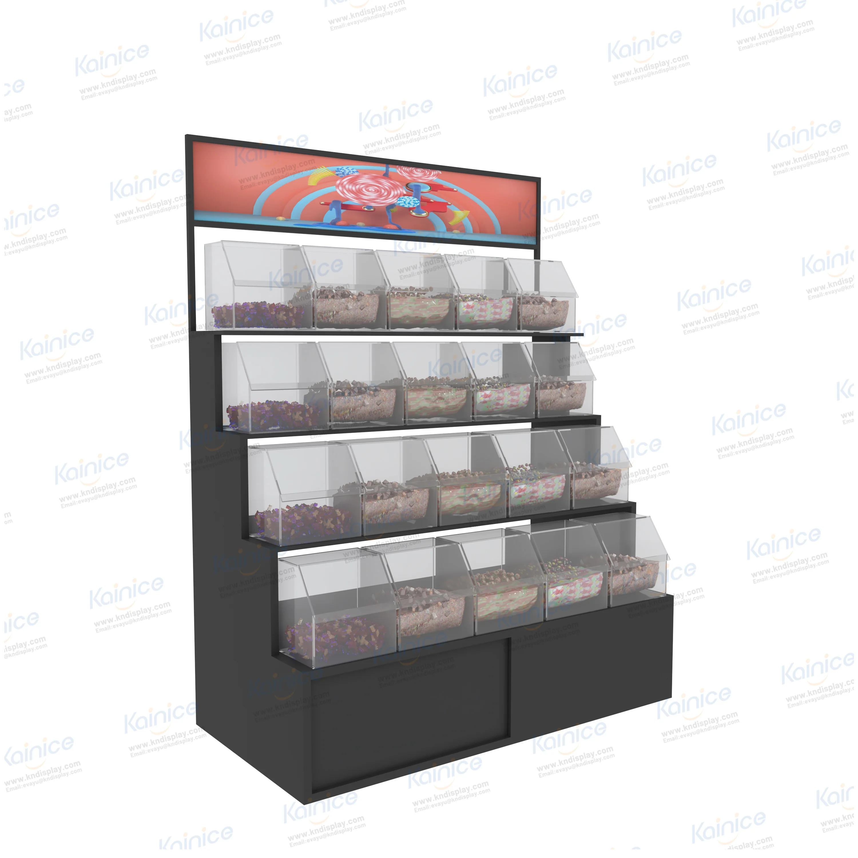 Kainice super market wooden chocolate and acrylic boxes for candy display stand wall theme transparent display rack with lock