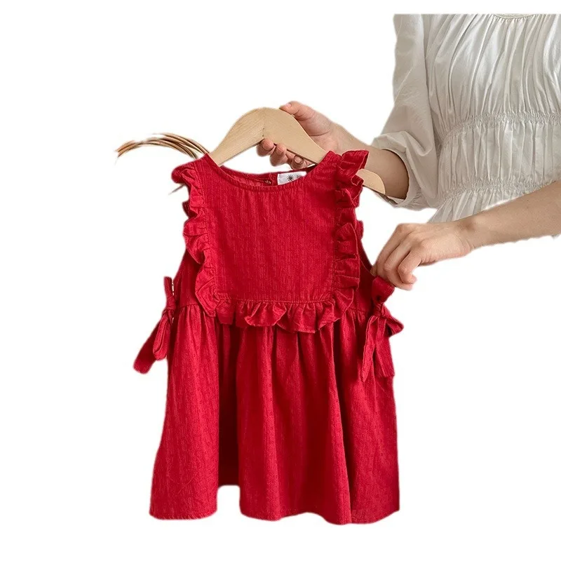 Hot Selling 100% Cotton Baby Summer New Dress Cute Wooden Ear Edge Sleeves Sweet Bow Princess Dress For Girls