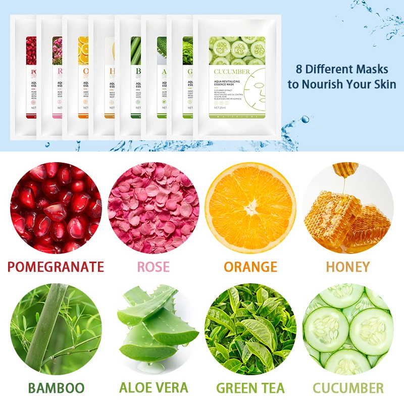 Free sample Private Label Cosmetic Whitening Hydrating Beauty Face Sheet Mask Natural Organic Fruit Rose Aloe Vera Facial Mask