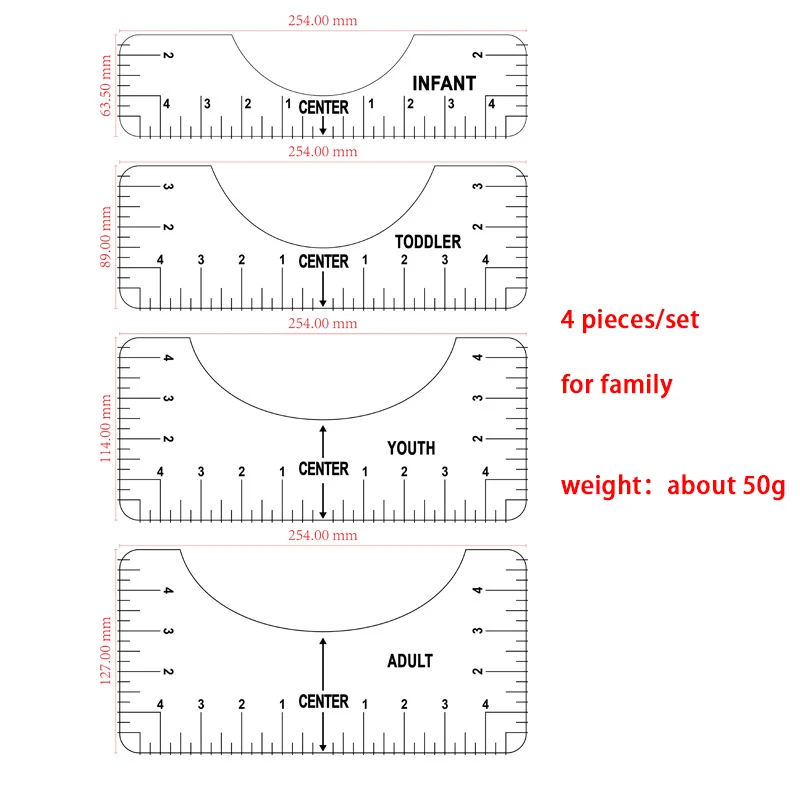 Custom Promotional 4 pieces per set  t shirt ruler guide tool set t-shirt ruler