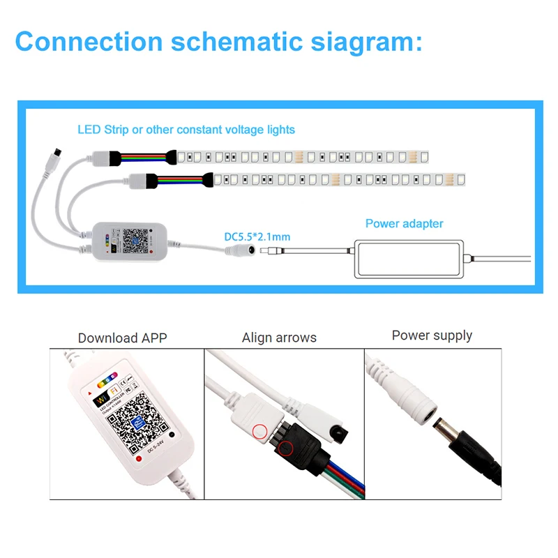 WiFi Smart LED Music Syncs Controller - DC 5V/12V/24V, 6A, 3-Channel RGB PWM Dimmer, 1-4 Port Output, 4-Pin, 24-Key IR Remote