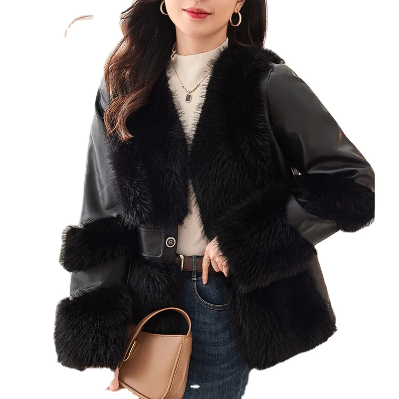 Elegant Women Fox Fur Collar Short Coat PU Leather Faux Fur Jacket