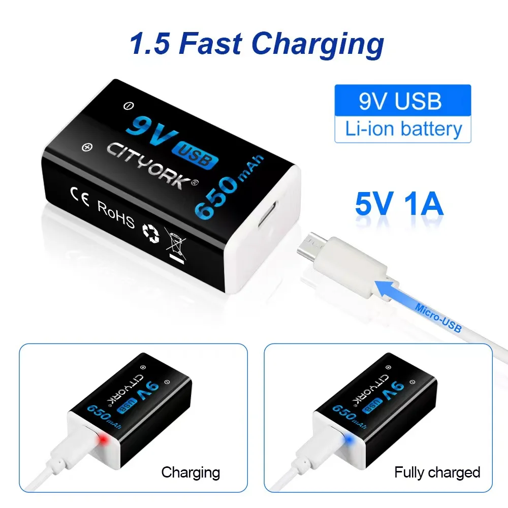 Cityork 1pcs mirco usb 9v lithium ion battery 650mah 6f22 9v rechargeable battery usb li ion battery 9v charge