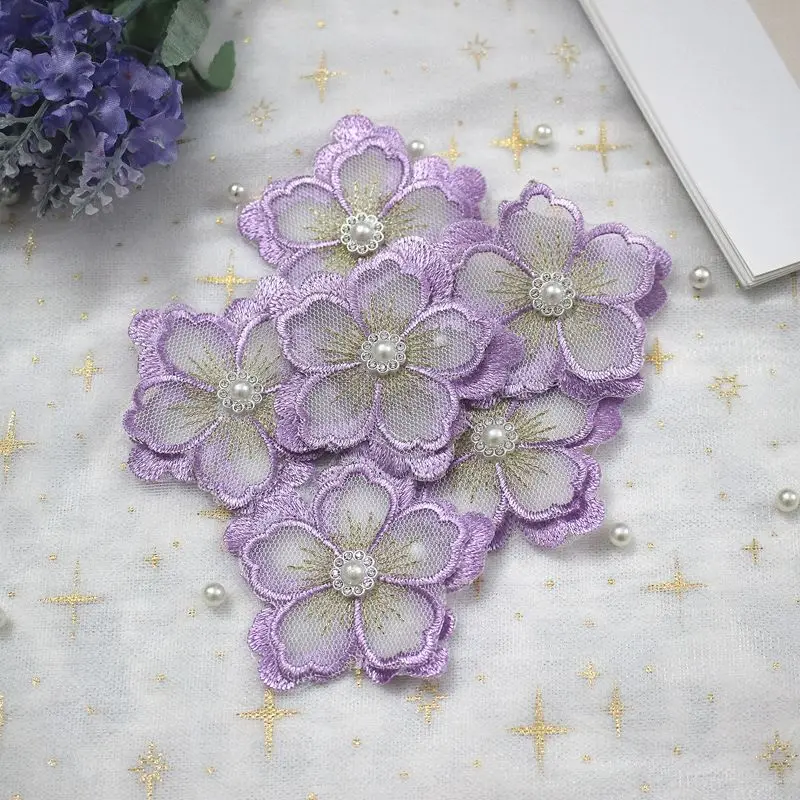 Factory supply 3D decorative flowers Multicolor pearl  lace appliques embroidered Voile fabric for woman clothes kids dress bag