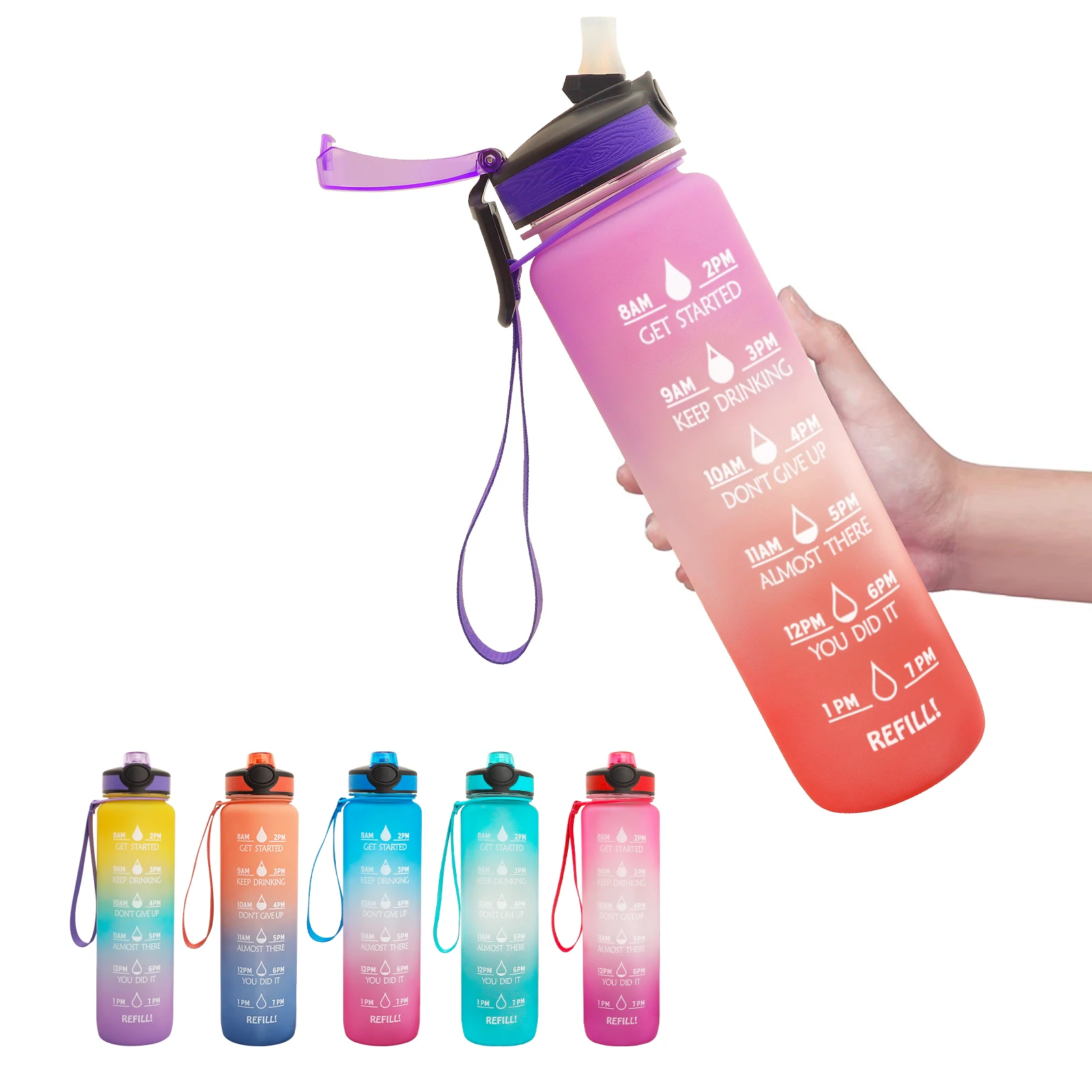 32 oz Water Bottle with Time Marker Carry Strap Leak-Proof Tritan BPA-Free, Ensure You Drink Enough Water for Fitness Gym
