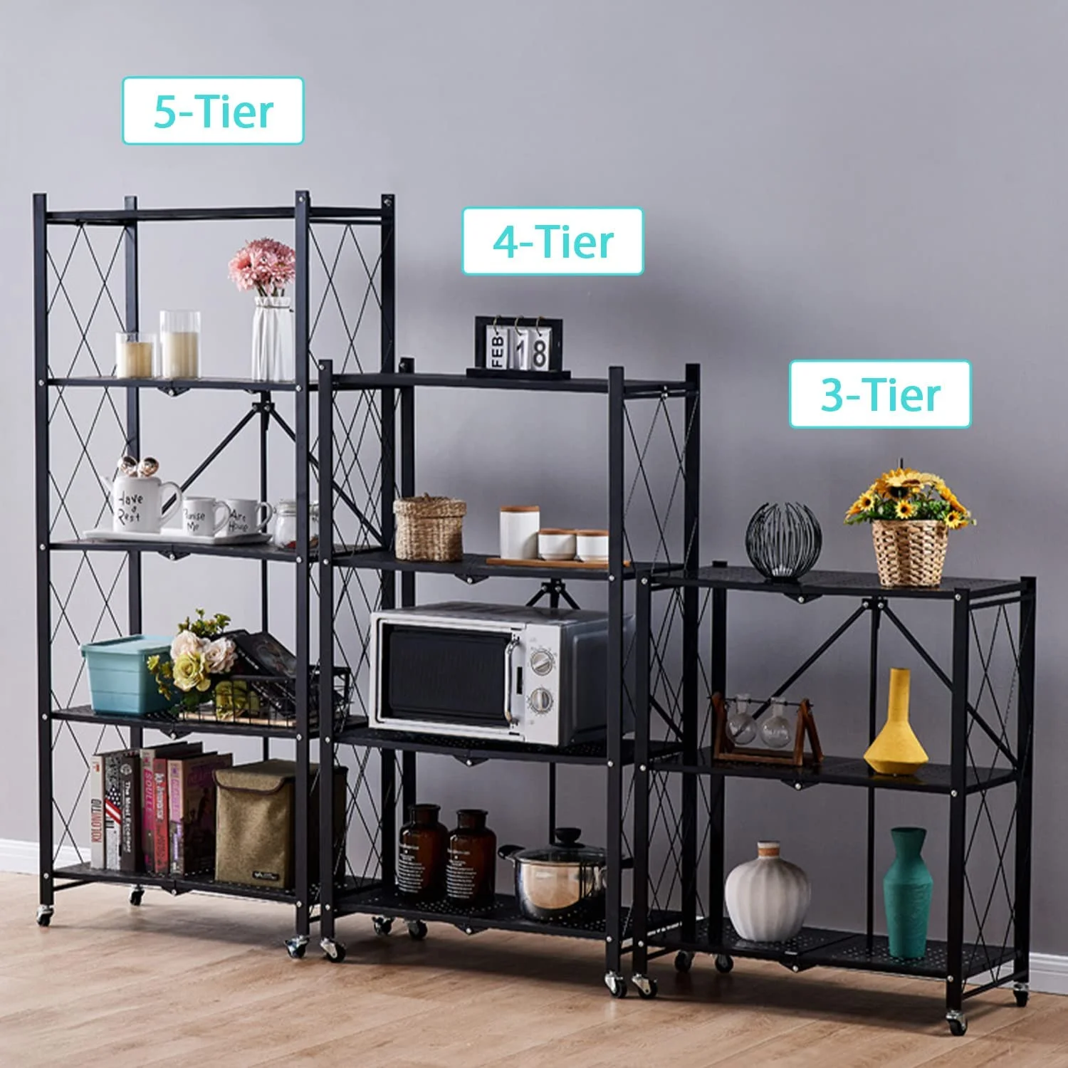 Multifunctional 3 Tier Foldable Storage Metal Rack Kitchen Oven Stackable Shelf Organizer Display Rack Folding Shelf With Wheels
