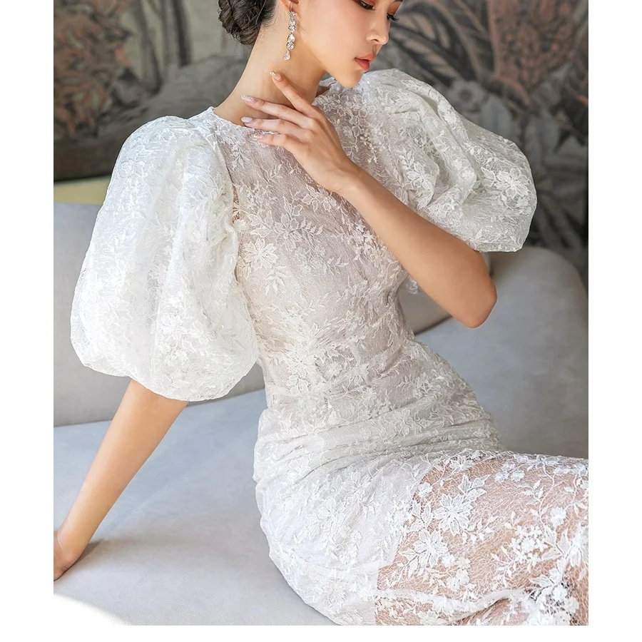 2024 White Dress Lace Bead Embroidered Evening Dress Summer New Retro Bubble Sleeves Wrapped Hip Dress