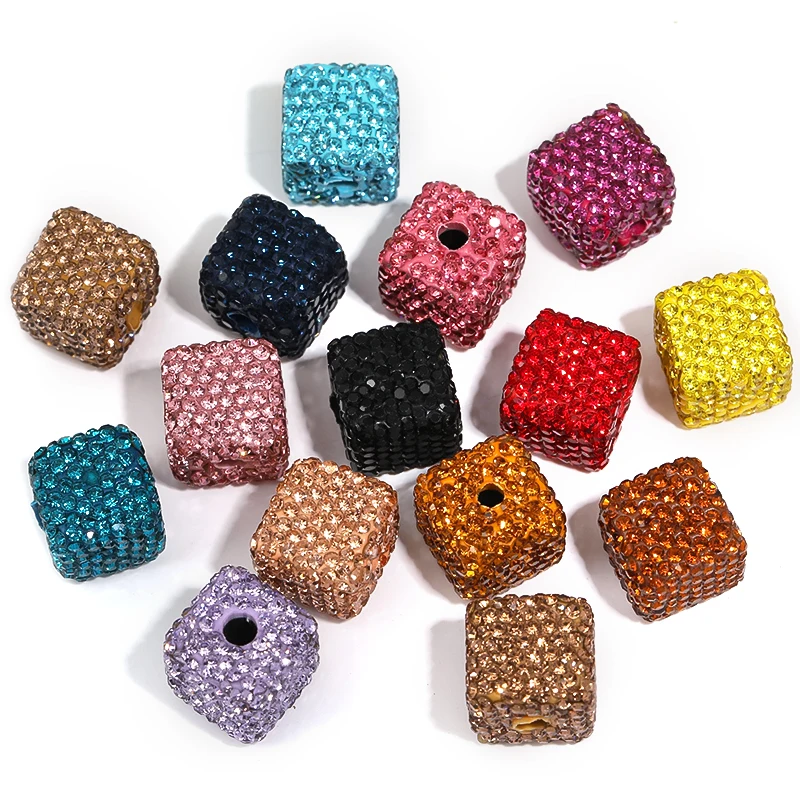 15mm Square Big Hole Rhinestone Clay Bead Handmade Full Diamond Clay Beads for Bracelet Making Accessories