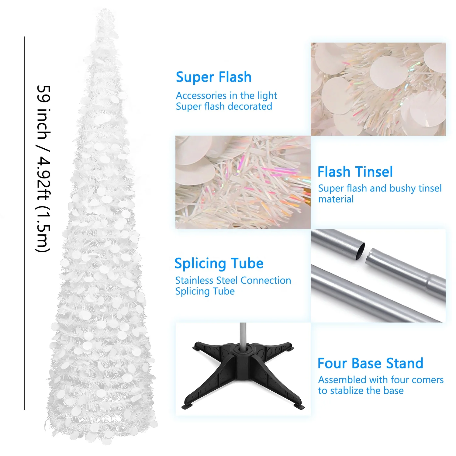 MACTING 5ft Collapsible Pop Up White Tinsel Ornament Christmas Tree Coastal Christmas Tree
