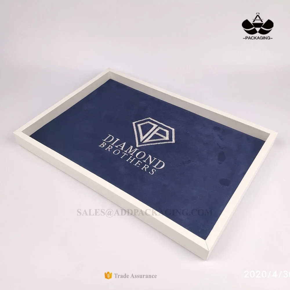 Customized Embroidery Black LOGO Gray Plush Velvet Lining PU Leather Border Jewelry Watch Valet Tray
