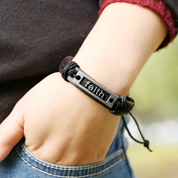 Wholesale handmade encourage letter faith hope engraved man leather bracelet for gift