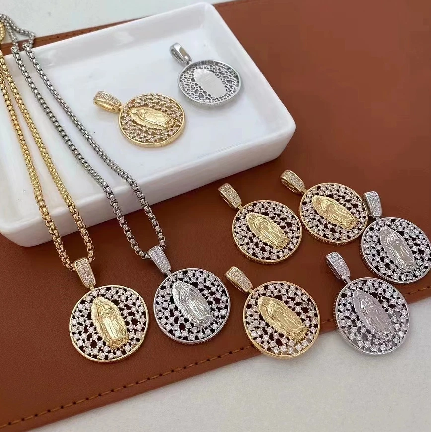 Coin Shape Gold Plated Multi color zirconia paved Virgin Mary medallion Charm Pendant Necklace Religious Christian necklace