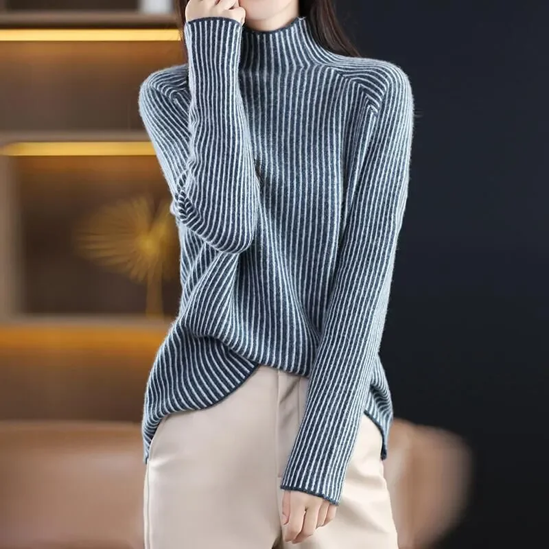 Popular New Product Contrast Color Striped Long Hair Cashmere Knitted Sweater Wool Turtleneck Pullover Custom Knit