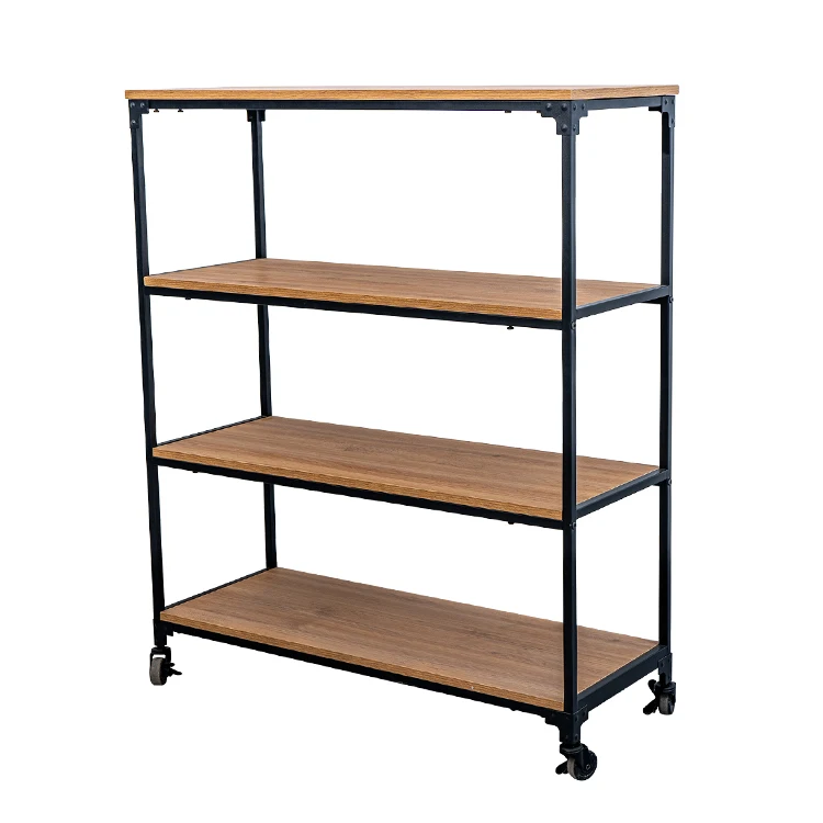 Storage 4-Tier Factory Buff Wooden Bookcase Book Shelves Bookshelf With Wheel