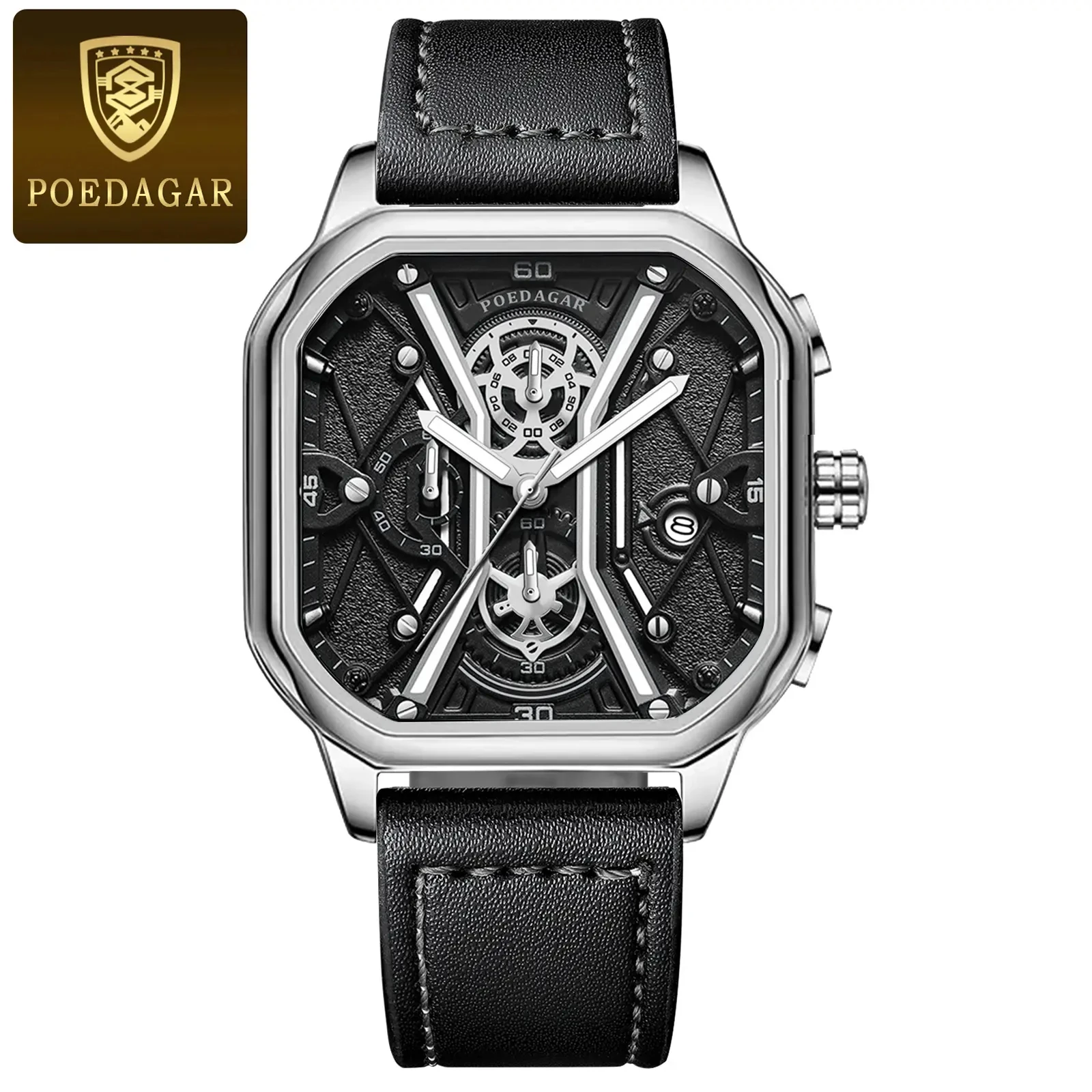 2023 New POEDAGAR 922 Luxury Watch Business Waterproof Male Clock Luminous Date Leather Strap Square Quartz Men Watch rel