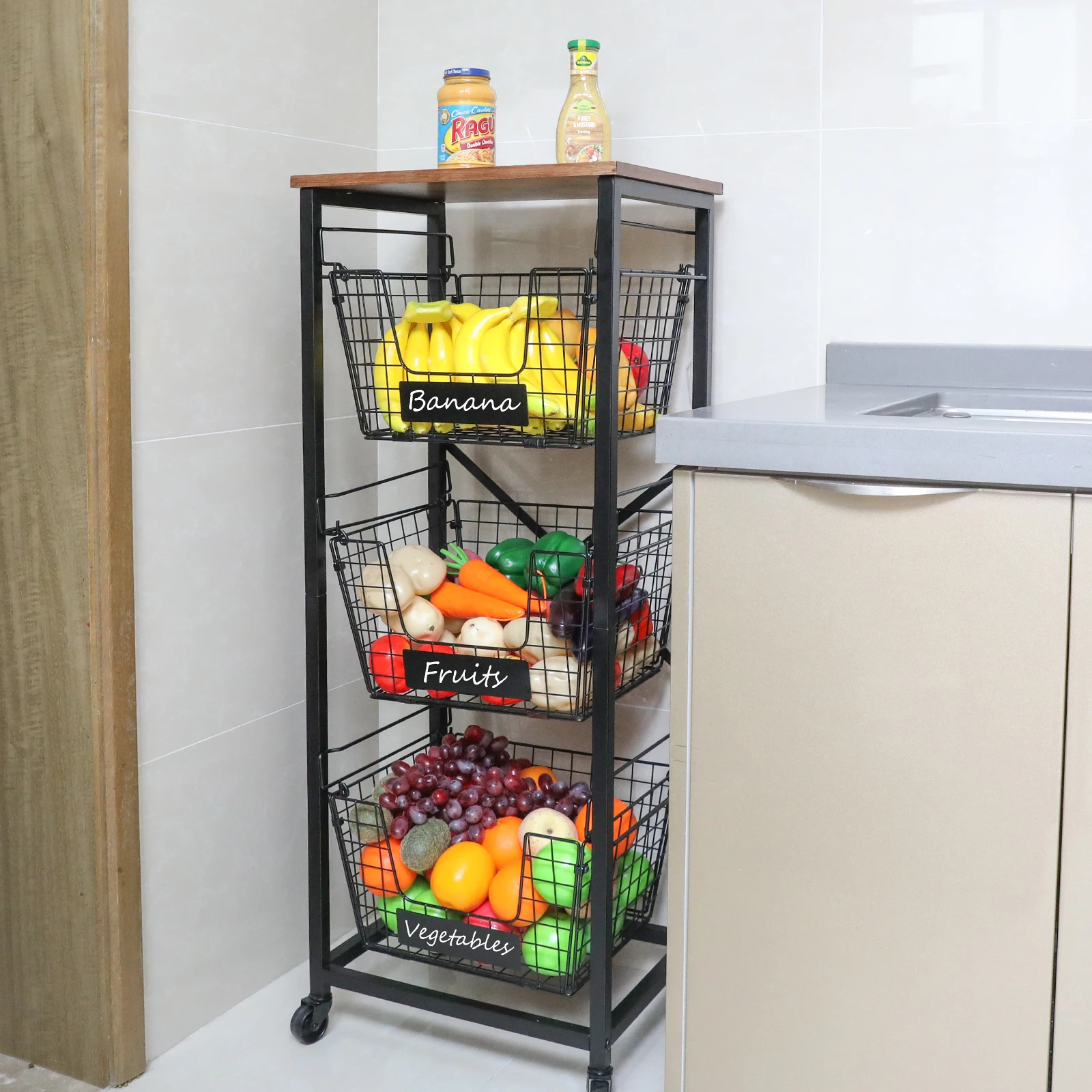 Cheap Multifunctional 3 Tier Hanging Steel Metal Wire Folding Cart Storage Rack Basket Kitchen Storage Trolley With Wheel