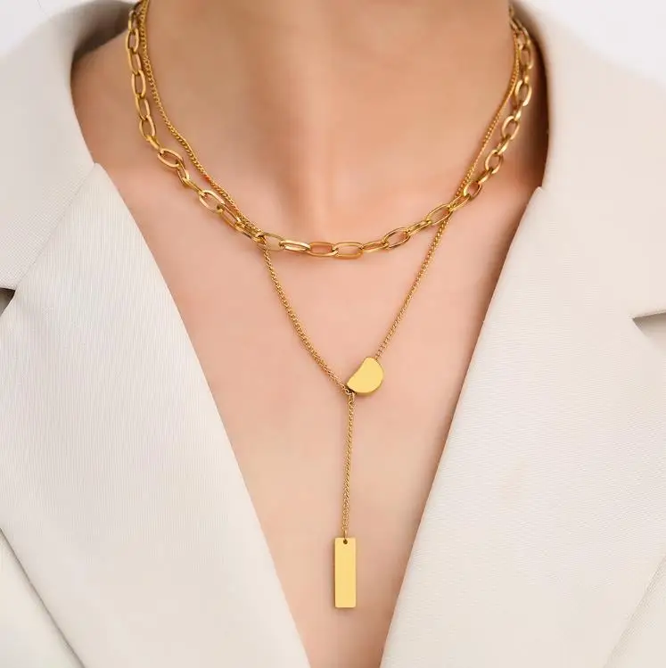 Korean Titanium Steel Necklaces Unique Bean Geometric Rectangle Tassel Pendants Double Layered Necklace for Women Jewelry